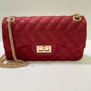 NWOT Le Miel Ruby Red Matte Jelly Medium Flap Bag Crossbody Gold Double Chain